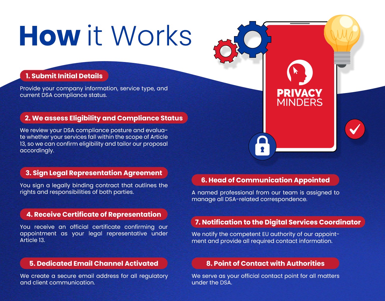 How it works: steps to appoint a DSA Representative – details, eligibility check, agreement, certificate, dedicated email, communication head, notification to coordinator, contact point